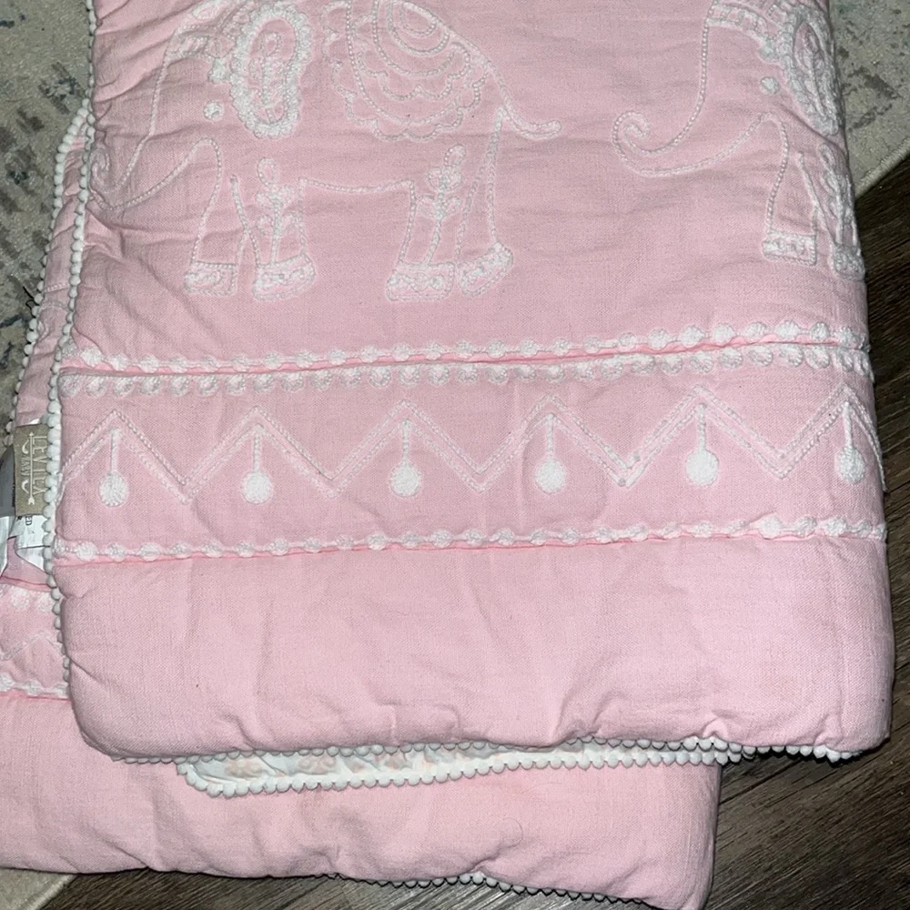 Pink Embroidered reversible comforter with dust ruffle Elephant Design